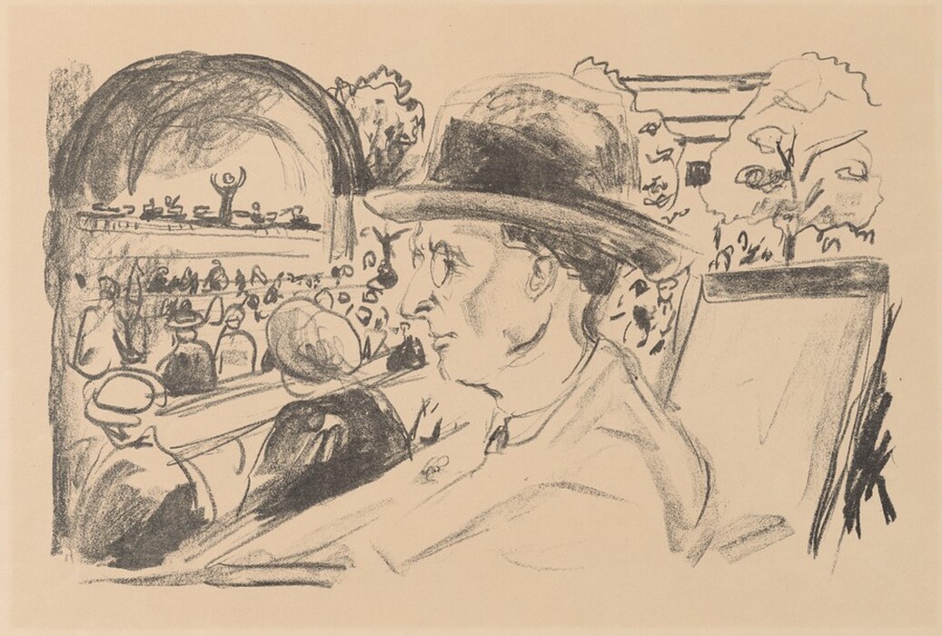 This is a drawing of an outdoor music concert. The scene shows an individual seated in the audience in the foreground, looking towards a concert performance happening on stage in the distance. The stage is arched, with a conductor and musicians. The background includes abstract representations of trees and structures on a light canvas, creating a dynamic feel. The drawing captures the bustling atmosphere of a public event with expressive lines to depict movement and energy.