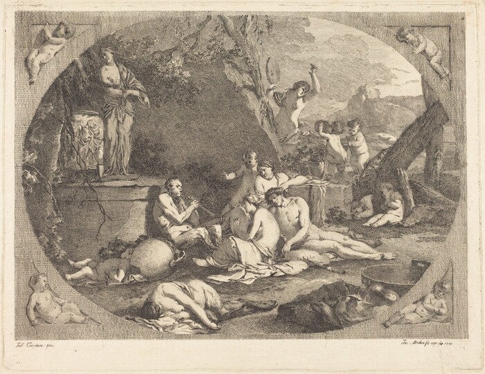 This is a drawing depicting mythological figures in a serene outdoor landscape. The figures are shown enjoying leisurely activities like reclining and playing musical instruments. The scene features trees, vases, and a statue hinting at classical influence. The environment exudes a sense of harmony and relaxation, evoking a pastoral or Arcadian atmosphere commonly found in mythological themes. The drawing's style reflects a classical tradition inspired by ancient Greek or Roman visual culture, emphasizing the timeless quality of pastoral idylls.