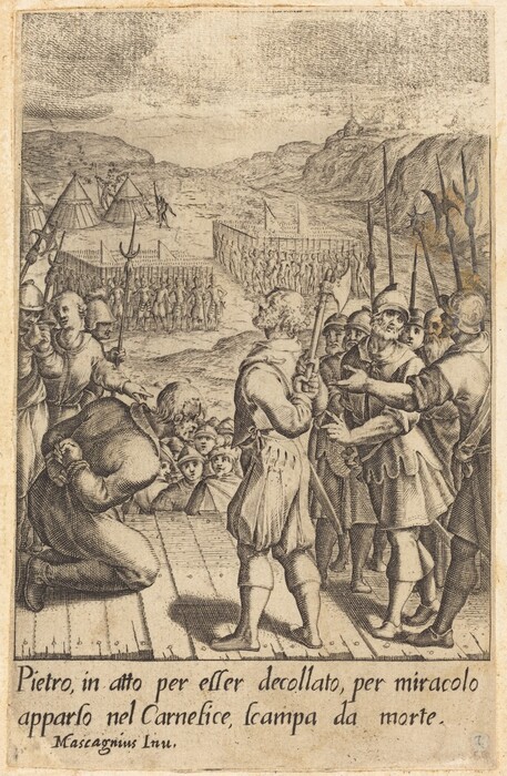 This is a drawing of an execution scene with a kneeling figure on a raised wooden platform. An axe-wielding individual stands nearby. Surrounding them are helmeted figures with polearms, along with additional spectators. In the background, there are tents and hills with a distant settlement.