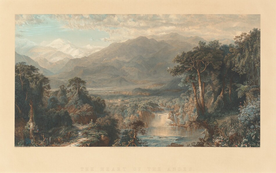 This print shows a detailed landscape featuring mountains, green foliage, plants, and trees, with a path on the left and a waterfall cascading into a pool in the center. The scene is depicted from a slightly elevated perspective, capturing the textures and intricate details of the landscape. The color palette consists mainly of greens, browns, and blues. The print is surrounded by a border of beige paper.