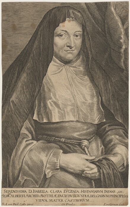 The image shows an engraving of a person depicted from the waist up, seated in a frontal position. The person has a solemn expression, with a rounded face and small, closed lips. Their hair is covered by a dark veil. They are dressed in a formal, loose-fitting robe or habit with a lighter garment underneath that ties at the neck. The person's hands are clasped together, holding the edge of their dark veil. The background is filled with fine lines suggesting a textured backdrop, and there is a caption on the lower part of the image identifying the person as Serenissima D. Isabella Clara Eugenia.