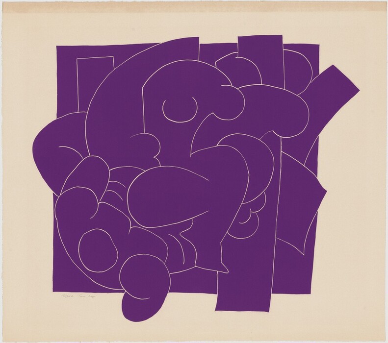 The image depicts bold purple shapes outlined with thin white lines, creating an abstract composition. The central curves and loops resemble overlapping clouds or an intricate tapestry, while angular shapes could be seen as fragmented rectangles or pieces of a puzzle. The artwork does not have defined edges, inviting viewers to find familiar patterns or recognisable forms within the composition.