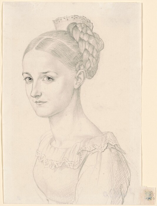 The image is a pencil drawing of a woman. She is depicted showing her head and shoulders, slightly turned to her left. She has delicate facial features with large eyes, a straight nose, and closed lips. Her hair is styled in a high braid secured with a lace-adorned comb. She wears a dress with a high neckline and pleats, accented with lace trim. The background is plain and light in color.