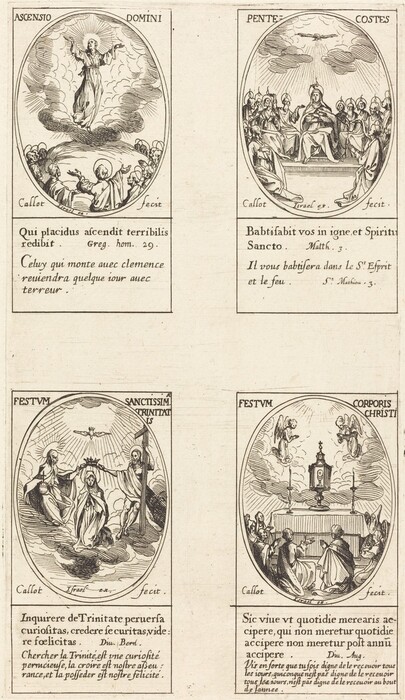 The image features four separate frames illustrating different biblical scenes related to Christian themes, along with Latin and French inscriptions. In the upper left, there is an illustration labeled "Ascensio Domini." To the upper right, there is one labeled "Pentecostes." The lower left is labeled "Festum Sanctissimae Trinitatis," and the lower right is labeled "Festum Corporis Christi."
