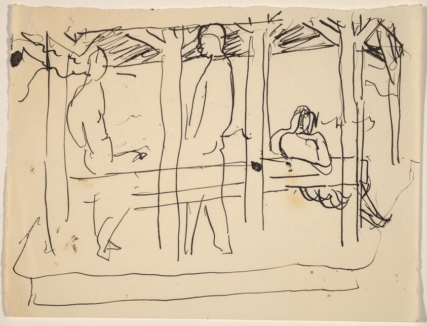 Three Figures under Cover Outdoors