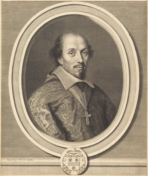 The image depicts an individual from the chest up in a three-quarter view facing slightly to the left. The individual is a middle-aged man with specific facial characteristics, a robe with intricate details, a large white collar, a cross on a chain around his neck, and a coat of arms below the oval frame. The background of the image consists of finely drawn parallel lines.
