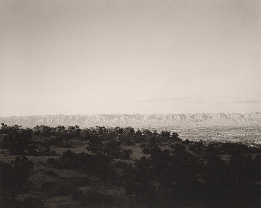 The image shows a landscape with a horizon cutting through the upper third. Distant mountains stretch across the horizon, with light and shadow on their ridges. Dark silhouettes of trees in the foreground suggest it is either early morning or late afternoon. The photo is in black and white, enhancing the contrast between the shadows of the trees and the sky and mountains. This color scheme gives a timeless and serene feel, highlighting the shapes and forms in the landscape.