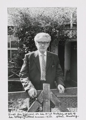 Hugh MacDiarmid on his 81'st Birthday at gate of his cottage, Biggar, Scotland summer 1973., Allen Ginsberg, 1973, printed later