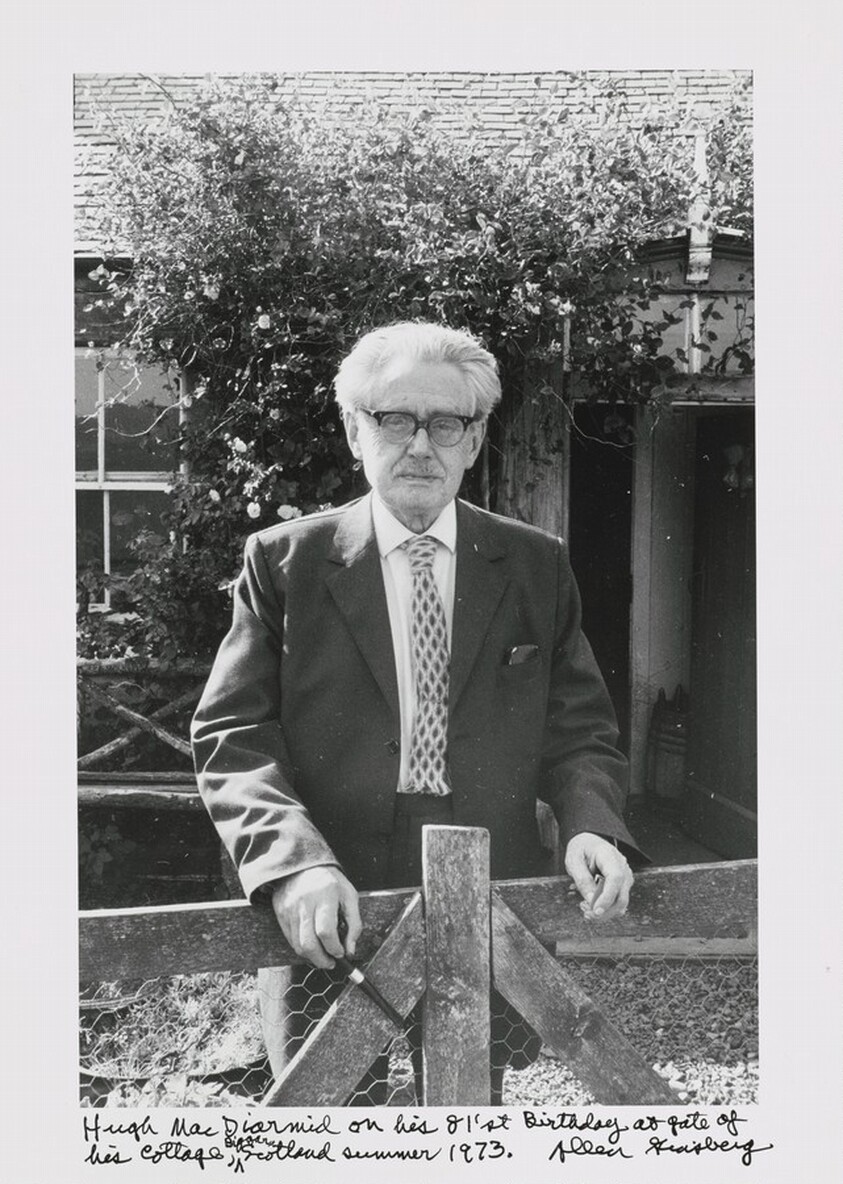 Hugh MacDiarmid on his 81'st Birthday at gate of his cottage, Biggar, Scotland summer 1973.
