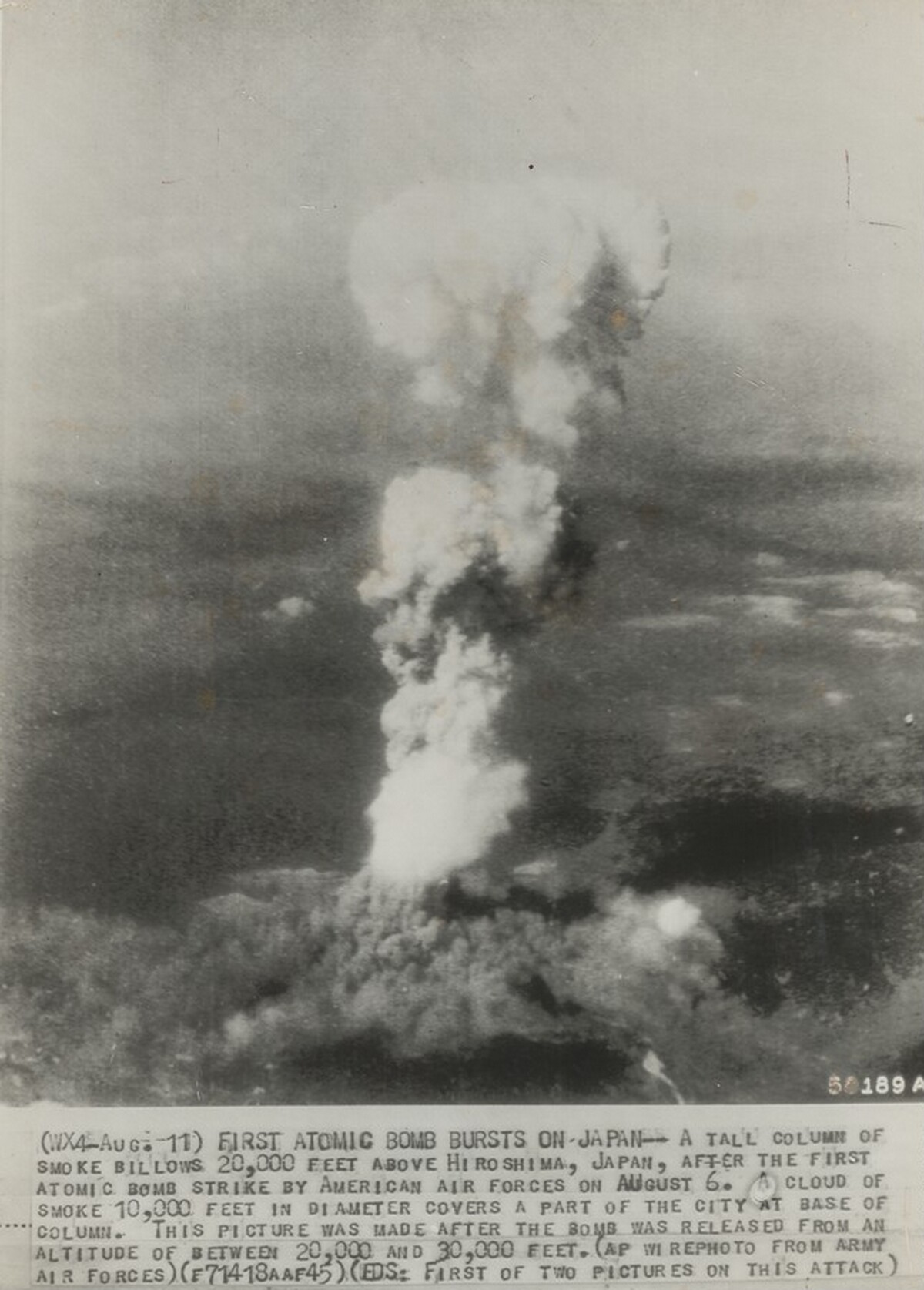 Title from caption on object: “First Atomic Bomb Bursts on Japan”