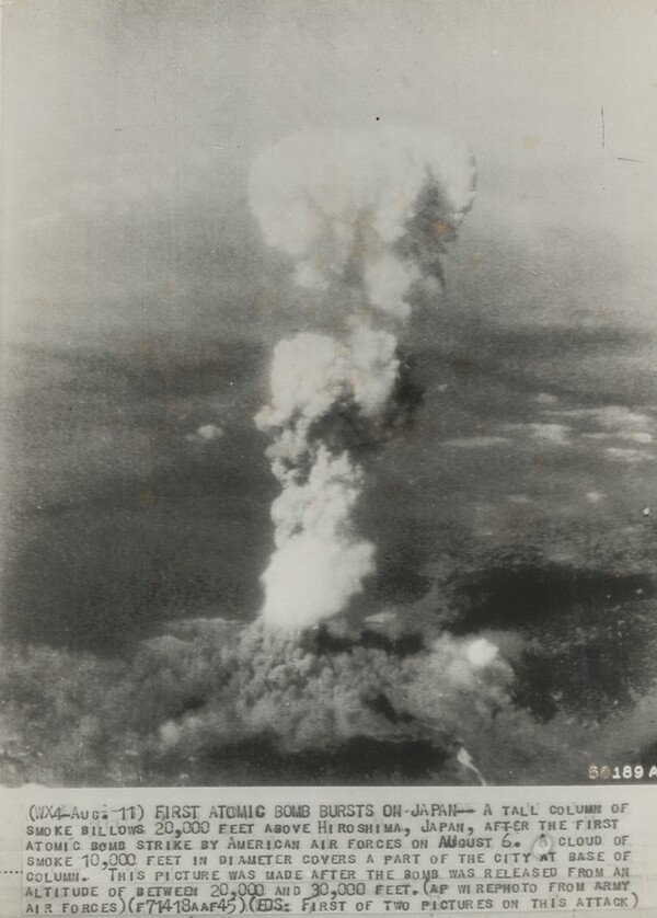 Title from caption on object: “First Atomic Bomb Bursts on Japan”