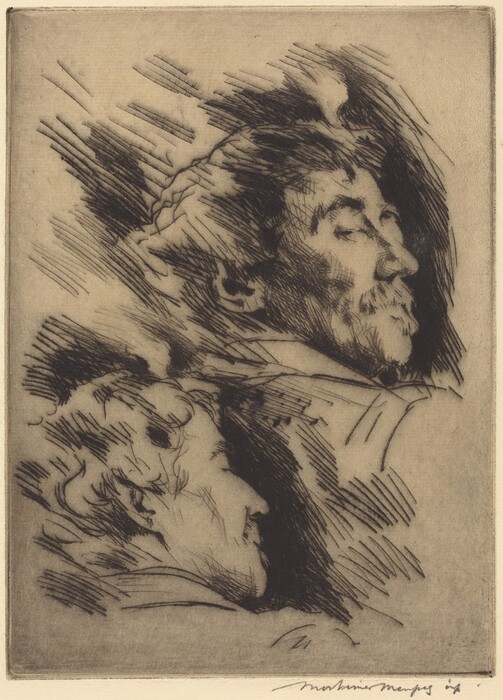The image is an etching showing two men's heads in profile. The upper figure has their eyes closed and faces right, with prominent cheekbones, a defined nose, a mustache, and styled dark hair. The lower figure is in profile, facing left, with softer facial features, a slightly upturned nose, and curly hair. Both figures have peaceful expressions. They are set against a textured background created by diagonal cross-hatching, giving a sense of depth and movement.