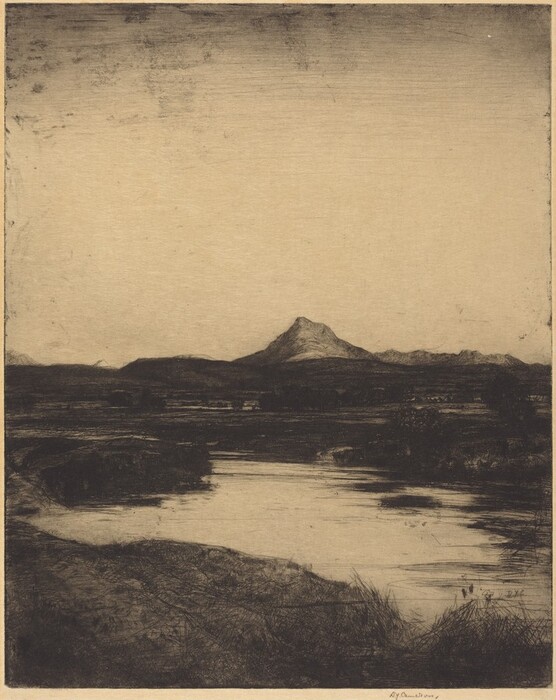 The image depicts a landscape with a low horizon, a mountain peak in the distance, and a river winding through grassy areas. The scene is rendered in sepia tones with detailed textures and a vast sky above.