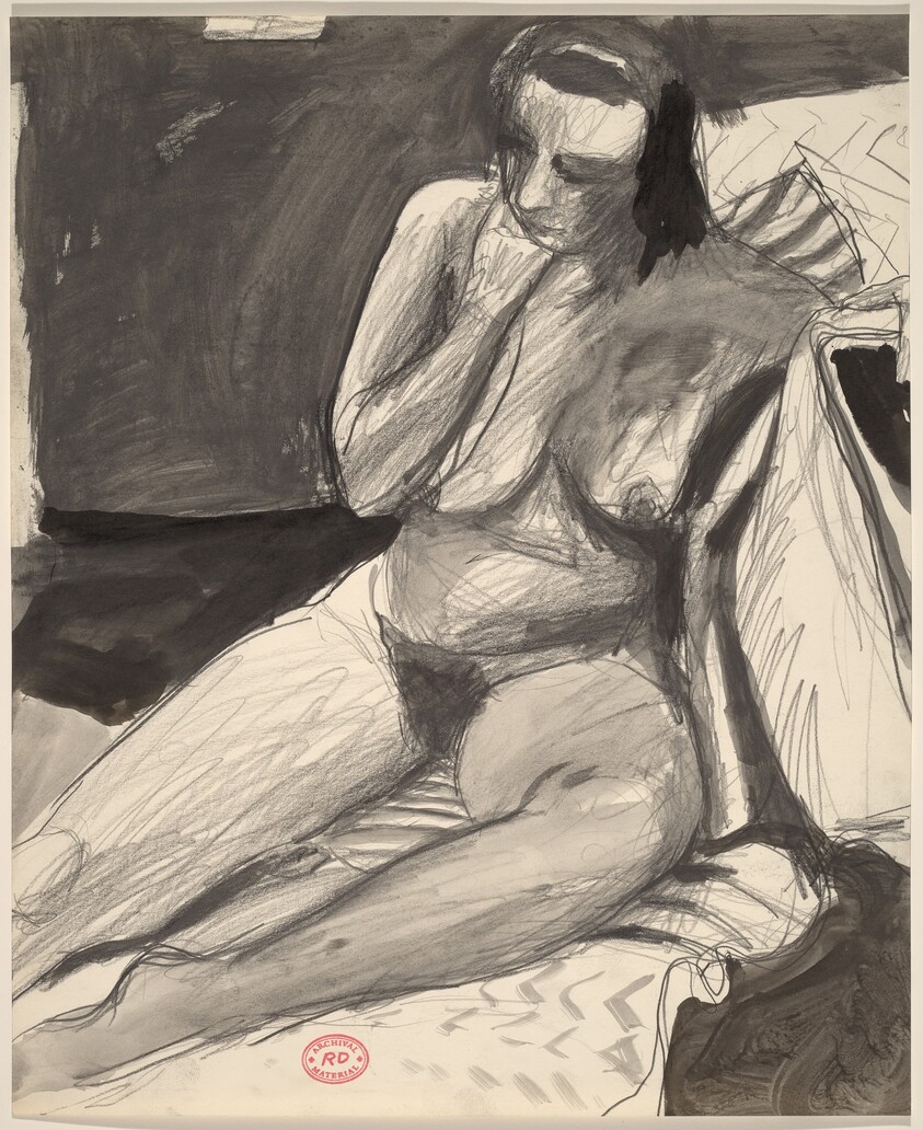 Untitled [female nude seated and leaning against a support]