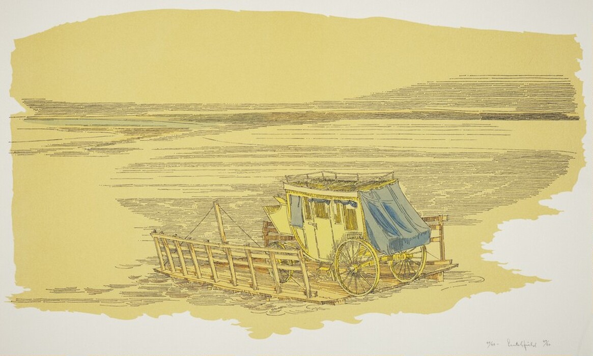 The image shows a yellow landscape with a cart at its center. The horizon is visible midway up the image, creating a division between the land and the sky. The drawing style resembles a delicate etching, with fine, linear brushstrokes detailing textures and forms. The color scheme consists of soft yellows and muted blues, with the yellows dominating the scene. A blue cloth hangs from the side of the cart, contrasting with the overall yellow tones. The lines in the background convey depth and movement to the scene.