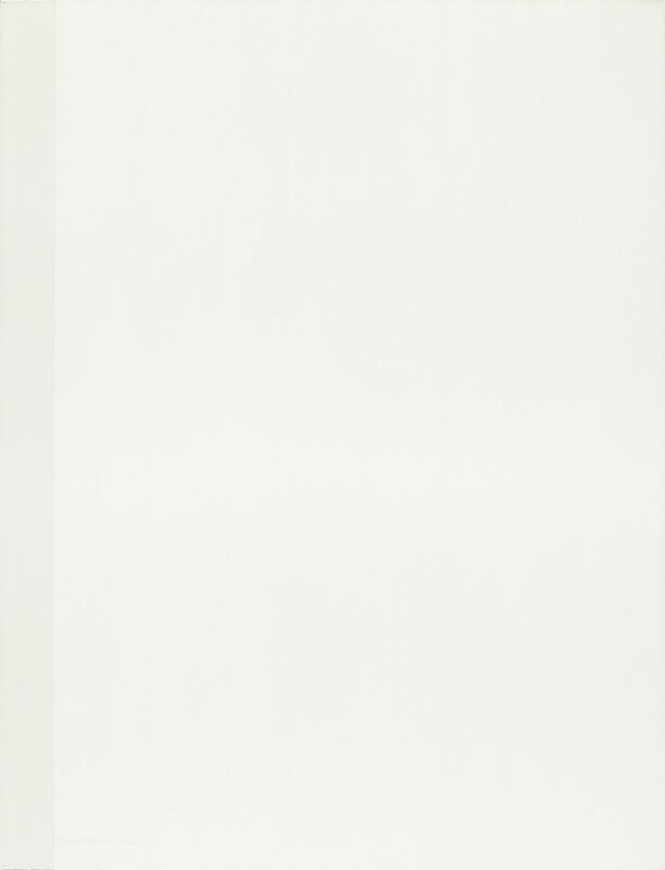 A white canvas is alleviated only by a slightly darker strip of white along the left edge in this vertical, abstract painting. The artist signed and dated the work in that darker white paint near the lower left corner, “Barnett Newman 1966.”