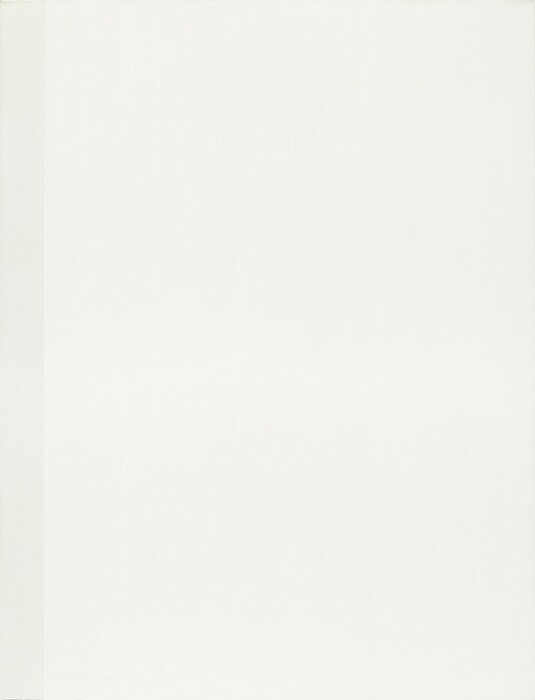 A white canvas is alleviated only by a slightly darker strip of white along the left edge in this vertical, abstract painting. The artist signed and dated the work in that darker white paint near the lower left corner, “Barnett Newman 1966.”