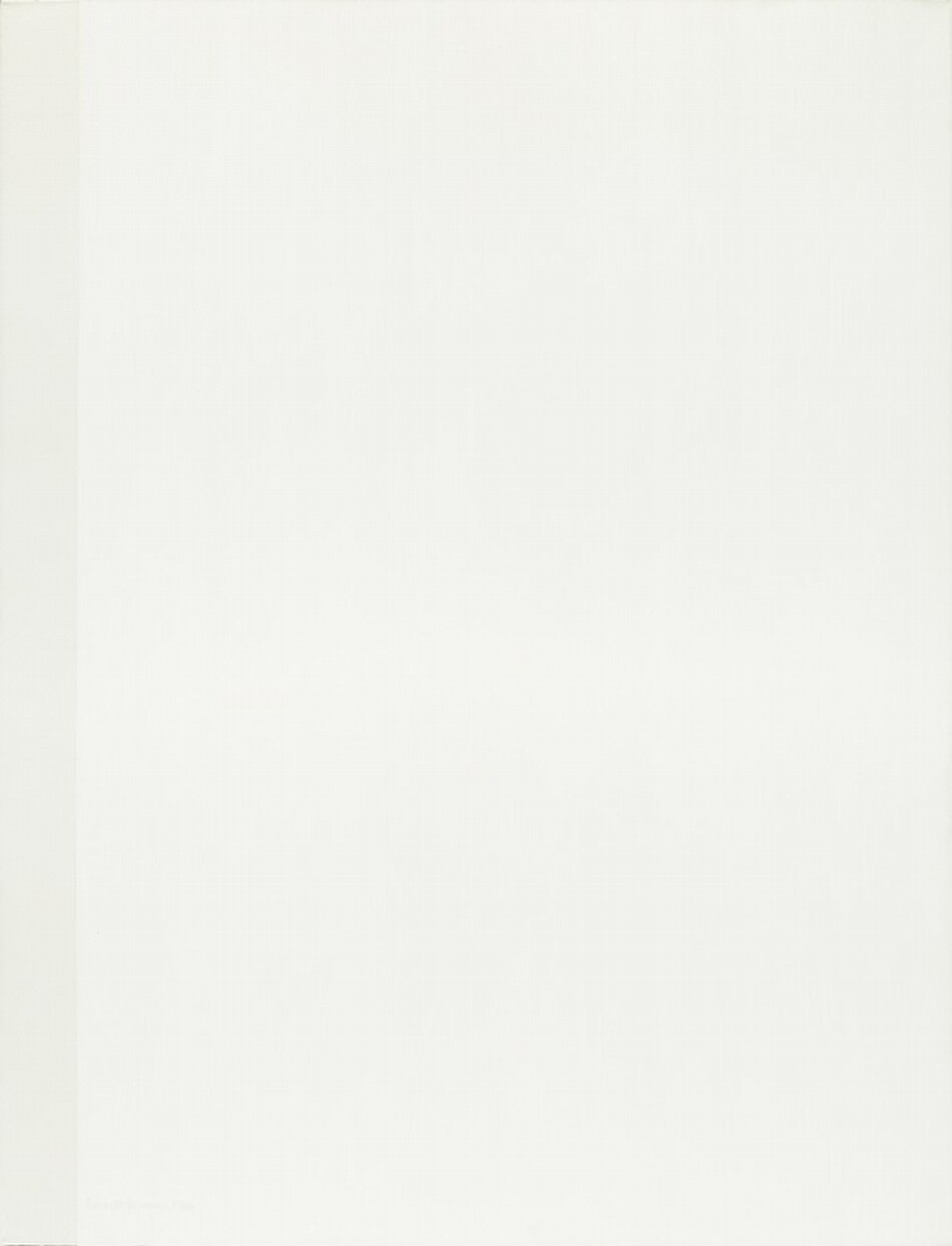 A white canvas is alleviated only by a slightly darker strip of white along the left edge in this vertical, abstract painting. The artist signed and dated the work in that darker white paint near the lower left corner, “Barnett Newman 1966.”