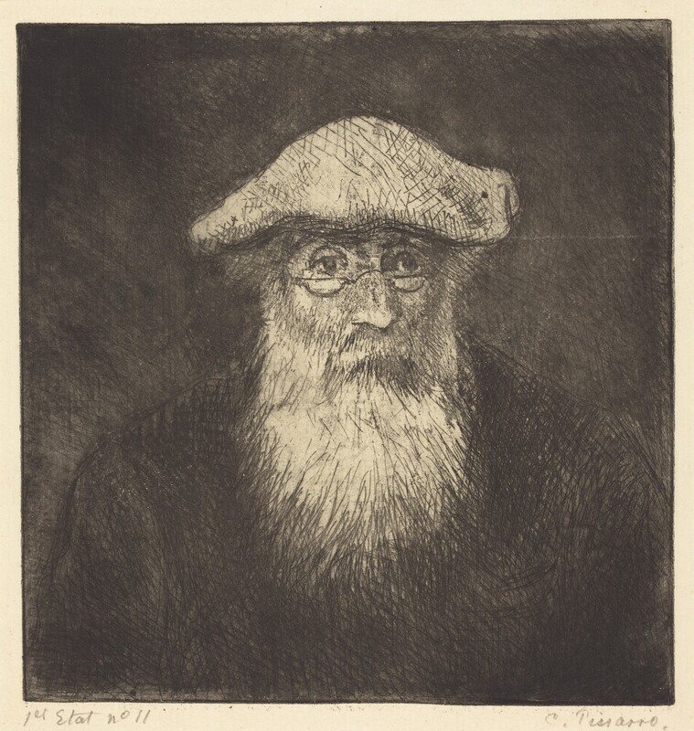 Printed with black lines and dense hatching, a man with a long white beard is shown from the chest up in this square portrait etching. The man looks slightly off to our right with deep-set, dark eyes peering over half-moon glasses. His mouth is hidden under a busy mustache over his full beard. A few tufts of hair peek out from under his floppy, light-colored hat, and he wears a dark garment that nearly blends into the shadowy background. Graphite inscriptions under the image read “1st Etat No. 11” to the left and “C. Pissarro” to the right.