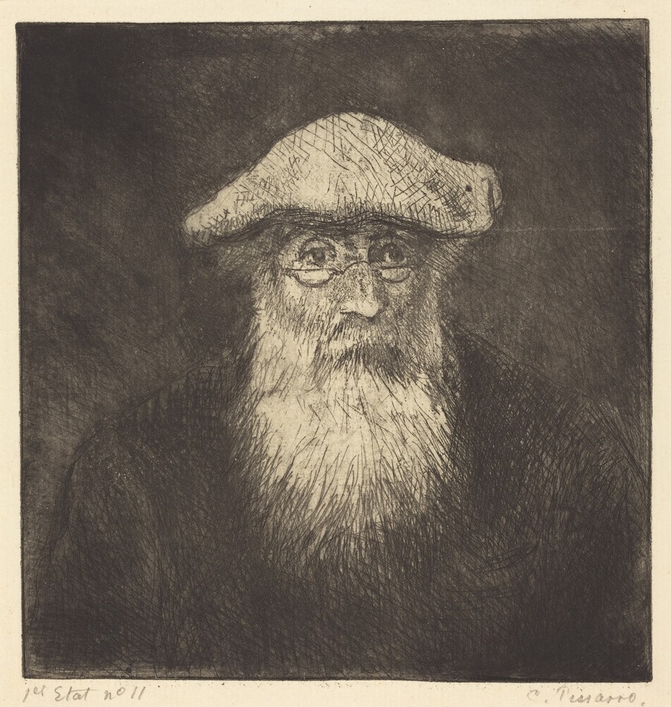 Printed with black lines and dense hatching, a man with a long white beard is shown from the chest up in this square portrait etching. The man looks slightly off to our right with deep-set, dark eyes peering over half-moon glasses. His mouth is hidden under a busy mustache over his full beard. A few tufts of hair peek out from under his floppy, light-colored hat, and he wears a dark garment that nearly blends into the shadowy background. Graphite inscriptions under the image read “1st Etat No. 11” to the left and “C. Pissarro” to the right.
