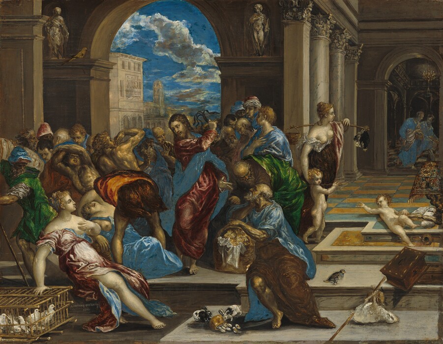 A long haired, bearded man holds a whip and stands in the middle of a crowd of about two dozen people who stand or twist, all in a building with columns and arches in this horizontal painting. Brushstrokes are visible in some areas, especially in the clothing and sky seen through one arch. All the men have light skin with a greenish cast while the women and children have smooth, pale skin. They wear dresses and robes in shades of rose pink, lapis blue, emerald green, or brown. The man at the center, Jesus, stands facing us with his right knee bent and his weight shifted onto his other leg. He holds a short, four-tailed whip in his right hand high and stretched across his body. He tilts his head to our left and looks down in that direction at the person next to him. Jesus has brown hair and wears a dark pink robe under a bright blue cloth that drapes over one shoulder and across the other hip. To our left, two men with bare torsos and raised arms lean away from Jesus. The man closest to him faces away from us as he bends over at the waist and looks over his shoulder at Jesus. That man wears a burnt orange cloth wrapped around his hips over a dark brown skirt, perhaps of a toga. Behind this pair are about a dozen other people and below them, two bare-breasted women recline on steps, their bodies angled to our right. One woman throws her head back against her raised arm, her mouth open and brow gathered. The other woman looks up at Jesus, holding one hand to her bare breast, her lips closed. She rests her right hand, to our left, on a cage holding five white birds on the ground next to her. Next to Jesus, on our right, a wrinkled, balding, gray-haired and bearded man sits on the steps so his knees come toward us. His torso twists to our left so he can rest his chin in his hand as he looks up at Jesus. That elbow and his other hand rest on the handle of a basket filled with gold coins. There are several animals around this man, including two black and white rabbits at his feet, nosing silver objects spilling from a pouch. Nearby, a gray bird sits on the step, and a white lamb with its feet tied to a stick lies belly up next to a wooden box. Behind the man is a crowd of at least eight people, looking at Jesus or each other. A bare-breasted woman guides a naked, toddler-aged child away from this group. A stick balanced across the woman’s far shoulder has a chicken hanging from the front end and a basket hanging behind. Another child lies back on the steps near the right edge of the painting. Next to that child, an open book and a loaf of bread lie beneath a table covered with an orange and brown patterned cloth. The scene takes place in a structure with columns and arched openings. Two people wearing blue robes hustle under one arched opening to our right, which leads back to a shadowed space lit with a chandelier. Blue sky and gray and white clouds are visible through the arch over Jesus, where there are also more sand-brown buildings in the distance. There are statues high up on ledges on either side of that opening. The artist signed the work in white paint in the lower left to the right of the bird cage in Greek letters.