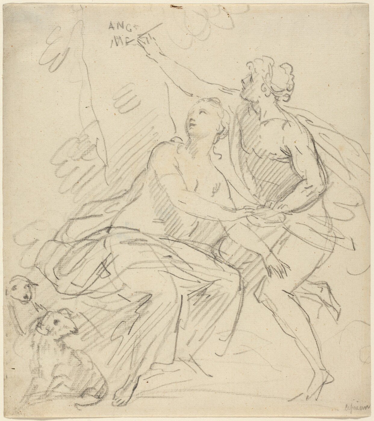 This drawing is a sketch of two people in dynamic poses. A woman is seated or reclining while looking upwards, a long cloth draped around her lower body. To the right, a man is standing with his knees bent, leaning forward, and reaching upward with one arm. This man is seen in profile, and has short, curly hair and a cloth draped over his shoulders like a cape. The man and the woman hold hands, and she has her other hand on his knee. The man reaches up towards a tree behind the woman, writing something into its bark with a long tool. In the bottom left corner, two small dogs sit at the feet of the woman. The drawing is in light gray lines on beige paper, and the shapes are loose, with few details.