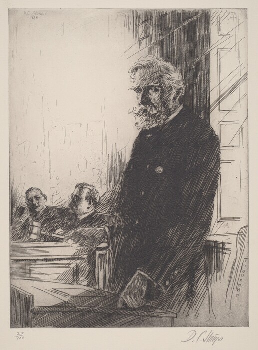 The image shows a man with facial hair standing in front of a window. He is leaning slightly with his arm resting on a surface. He is wearing a double-breasted coat. Around three other figures are partially visible in the background, appearing seated. The setting is indoors, with a wooden bench or table and a large window behind the man. The image is a monochromatic etching.