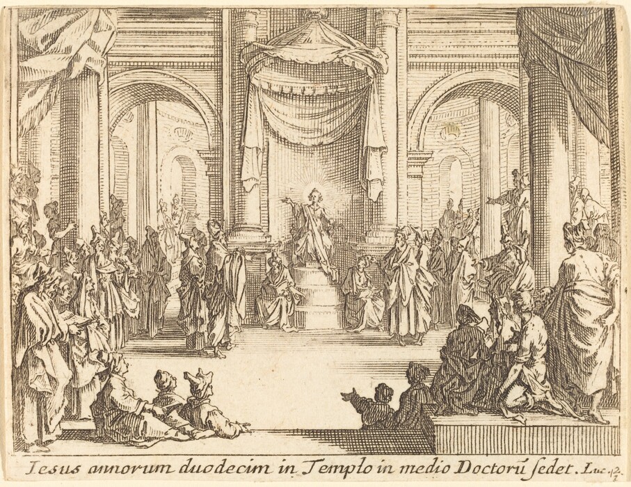 This is a drawing of an interior scene in a temple featuring archways, columns, and drapery. The image shows figures positioned in an architectural space, some seated and others standing, surrounding a central figure up on a platform. The architectural design includes columns, arches, and draped fabric creating a sense of depth. The attention to details of clothing and the surrounding structure suggests a narrative or event within a classical or religious setting.