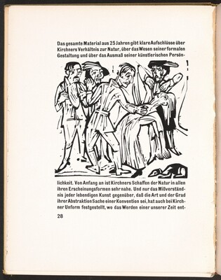 The image is a black and white illustration showing three people in a dynamic pose, with a partial view of their bodies from the waist up. The figures are leaning and reaching towards each other. Their features are stylized, with angular lines defining their faces and hair. They are wearing loose-fitting garments, with one figure in the center wearing a hat. The clothing is simple, focusing on shapes and lines. There is no visible jewelry or objects being held. The background is white. The image is surrounded by a block of text in German above and below and the page number "28" is visible at the bottom.