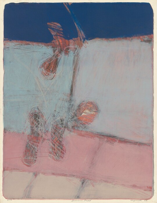 The image consists of swirling lines and overlapping shapes in deep blues, muted pinks, and subtle reds. There is a composition that may suggest a seated human figure with legs extended. There is also a circular form on the right that resembles a ball. This abstract portrayal prompts viewers to interpret familiar objects from the interplay of shapes and colors.