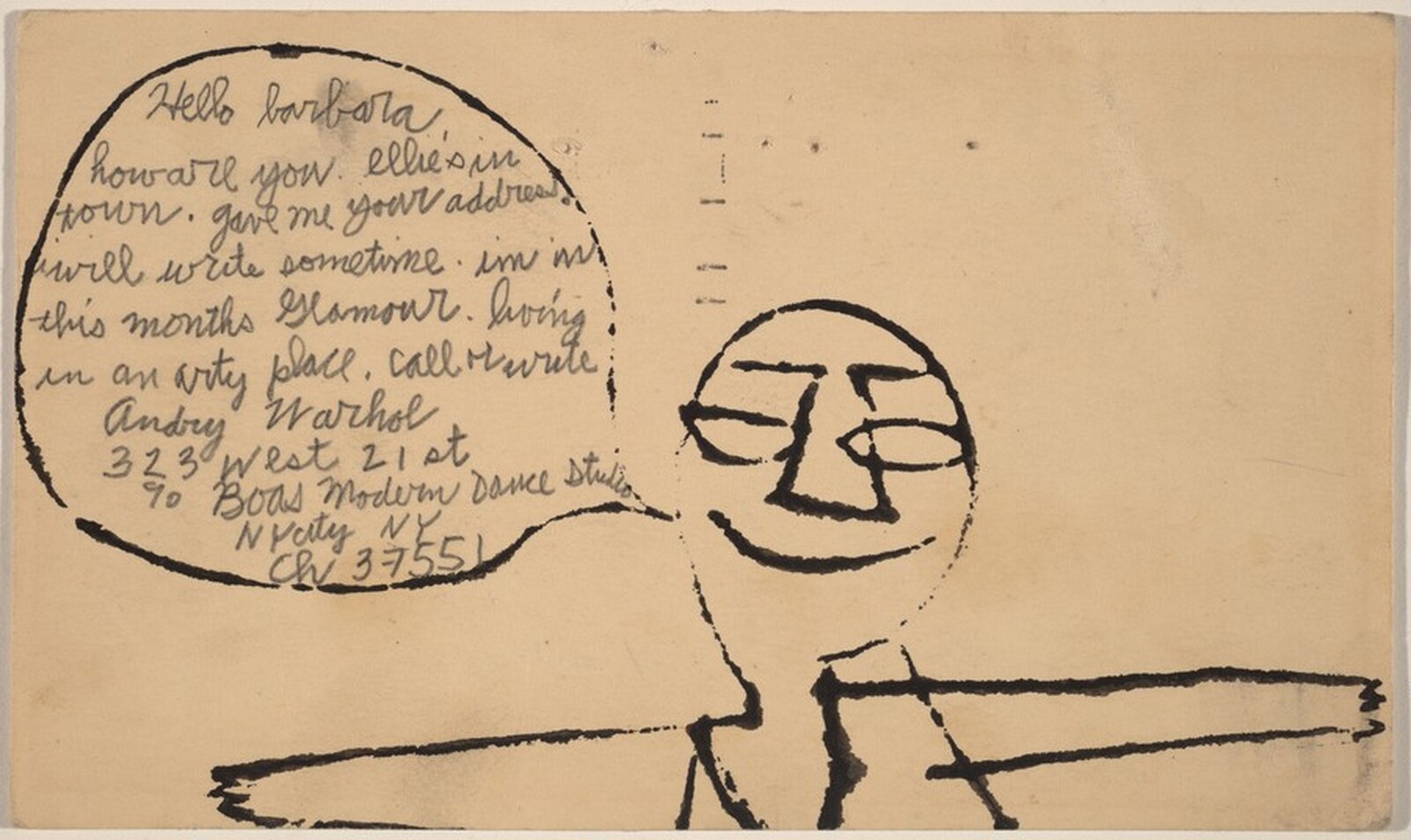 Postcard to Barbara Eisenberg, Andy Warhol, 1949