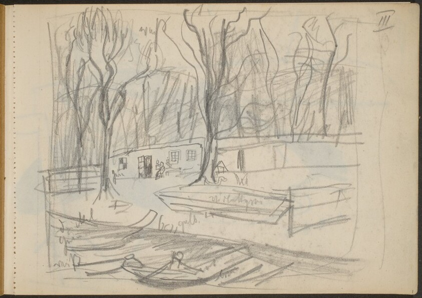 Parklandschaft am Ufer mit Booten (Riverboat Dock in a Park) [p. 1]