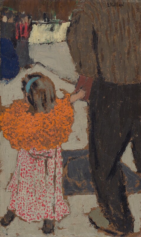 A child and man stand facing away from us in this vertical painting. The scene is painted with visible dabs, stipples, and strokes of paint, and many details, especially in the distance, are indistinct. A young girl is to the left, a blue band holding back her long brown hair. Despite the title of this painting, Child Wearing a Red Scarf, she wears a bulky, pumpkin-orange scarf around her neck over an ankle-length dress dotted with red. Streaks of brown suggest shoes under the lower hem. The person to our right wears dark trousers, a brown, long-sleeved shirt, and olive-green shoes outlined with black. This person’s right leg and head above the shoulders are cropped by the composition. A peach area suggests that the girl holds the hand or something by the man’s pants pocket but this area is difficult to read. The ground is ecru white, and loosely painted forms along the top of the composition suggest people standing and the room in the distance. The artist signed to top right corner, “E Vuillard.”