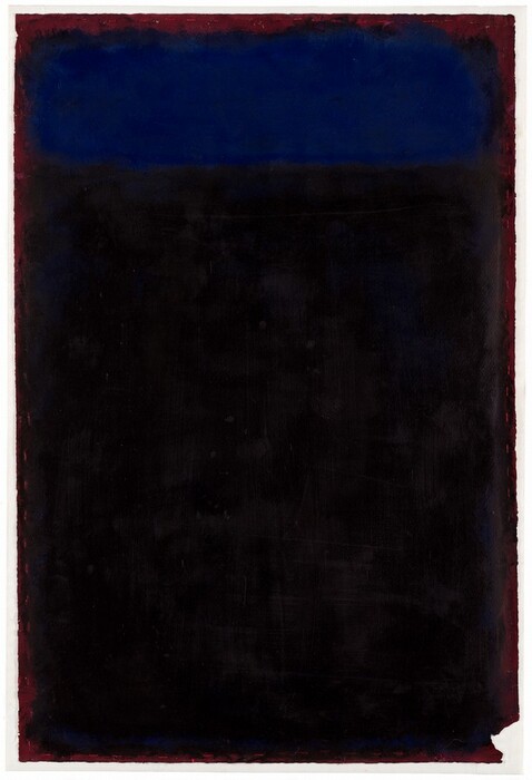 The image consists of bold rectangular shapes. There is a deep black area at the bottom and a rich, dark blue area at the top, separated by a thin blurred boundary. A thin border of reddish hue subtly frames the shapes.
