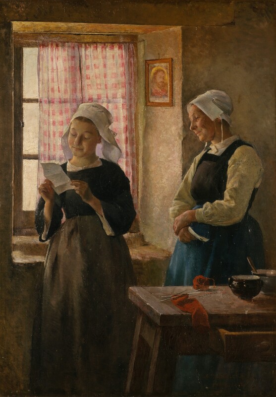 One of two pale-skinned women standing by a window reads a letter and smiles in this vertical painting. Both women wear white caps. The woman reading the letter is the younger of the pair, and she stands to our left. She holds the paper to catch the light coming from the window, which is mostly covered with a white and pink-checked curtain. Her body faces us, but she turns her smooth-cheeked face to the letter in her hands. Her eyebrows are lifted, and her closed lips curve in a faint smile. She wears a wide-sleeved, black shirt over a white garment and a long brown skirt. The other, older woman to our right stand with her body angled to our left. She holds another piece of paper in one hand and clasps that wrist with her other hand. Her head tips away from us and she gazes down, facing our left in profile. Lines on her cheeks suggest her age. She wears a brown and black apron over a butter yellow, long-sleeved shirt that buttons at the wrists. Her hands are clasped in front of a marine-blue skirt. A table between us and the second woman holds two bowls, one with a wooden utensil, and a skein of red yarn with a half-knitted sock or stocking. The drawer facing us is open. The window is set deep into the thick wall, and a picture of a bearded man with long hair glowing with a gold halo hangs on the inside surface of the window frame between the women. The wall is mottled peanut brown.