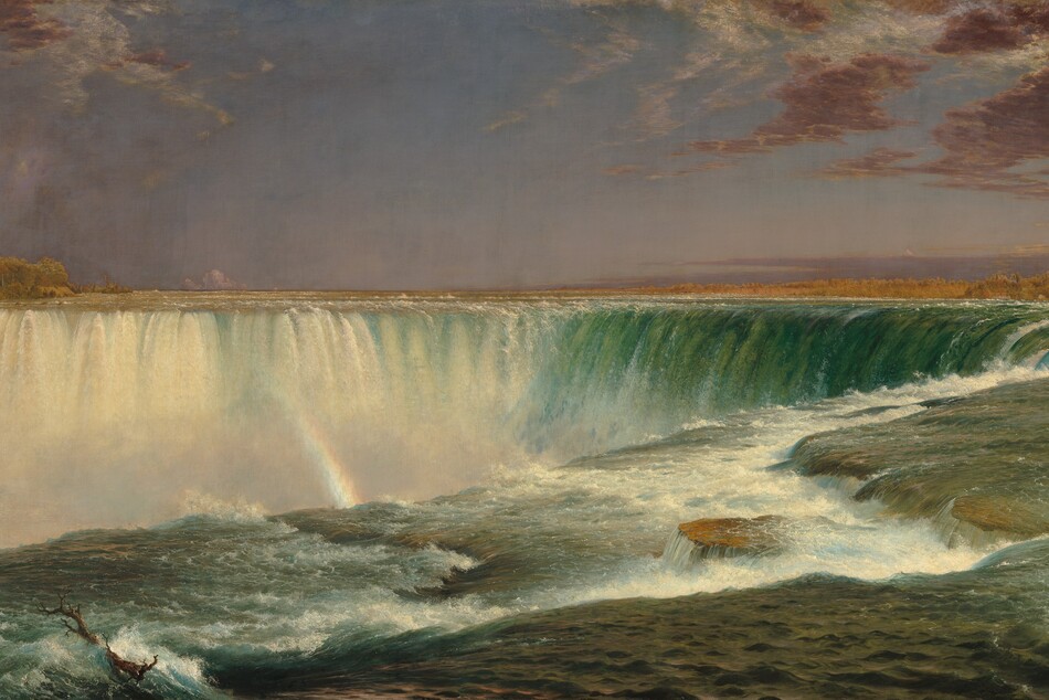 We hover over the bottle-green surface of a river as it rushes toward a horseshoe-shaped waterfall that curves away from us in this horizontal landscape painting. The water is white and frothy right in front of us, where the shelf of the riverbed changes levels near the edge of the falls. Across from us, the water is also white where it falls over the edge. A thin, broken rainbow glints in the mist near the upper left corner of the painting and continues its arc farther down, between the falls. The horizon line is just over halfway up the composition. Plum-purple clouds sweep into the composition at the upper corners against a lavender-colored sky. Tiny trees and a few buildings line the shoreline to the left and right in the deep distance.