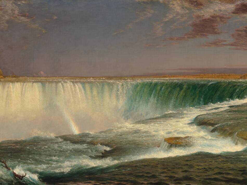 We hover over the bottle-green surface of a river as it rushes toward a horseshoe-shaped waterfall that curves away from us in this horizontal landscape painting. The water is white and frothy right in front of us, where the shelf of the riverbed changes levels near the edge of the falls. Across from us, the water is also white where it falls over the edge. A thin, broken rainbow glints in the mist near the upper left corner of the painting and continues its arc farther down, between the falls. The horizon line is just over halfway up the composition. Plum-purple clouds sweep into the composition at the upper corners against a lavender-colored sky. Tiny trees and a few buildings line the shoreline to the left and right in the deep distance.