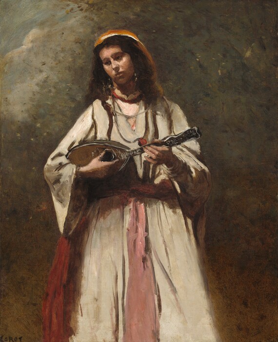 Shown from the shins up, a woman with medium-toned skin plays a mandolin in this loosely painted vertical composition. The woman’s body faces us but her head tips to our left and she looks down in that direction with dark eyes. She has a short nose, and her full lips are closed over a rounded chin. Her brown hair falls loosely around her shoulders and is covered by a pumpkin-orange head cloth. Glints at her ears suggest earrings. She wears a beige jacket with puffy, voluminous sleeves over a shell-pink shirt with a high, ruffled collar above a red band. A rose-pink sash is tied around her waist and falls down the front of her long, beige skirt, and red cloth hangs along her right side, to our left. She holds a mandolin in both hands. The background is painted with dabs and mottled tones of earth green, golden brown, and muted blue and white for the sky. Brushstrokes are visible or blended throughout and are especially broad in the clothing and background. The artist signed the lower left corner, “COROT.”