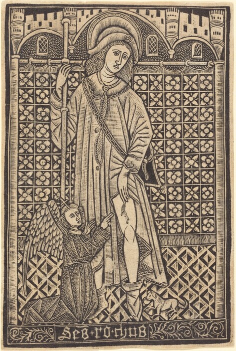 The image depicts a person standing up and holding a staff in their right hand. They wear long robes with a patterned texture, a sash across the chest, and have long wavy hair. A smaller kneeling figure with wings is next to them, along with a small animal nearby. The background shows a detailed floral and geometric wall pattern, with architectural features above. "SEB + TO + HUB" is written at the bottom.