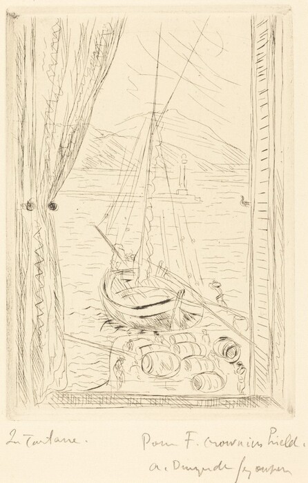 The image depicts a view from a window or doorway framed by curtains. A sailboat is close by with sails up and barrels nearby. Figures are visible, and hills are seen in the distance beyond the high horizon. The hills are lightly sketched with horizontal lines. The artwork features fine lines in a fluid hand-drawn style. The color scheme is monochromatic with black lines on a cream backdrop.