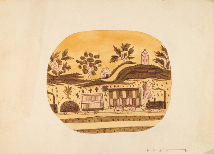 The image depicts an illustrative landscape with hills, a building with a spire, a train, carts, a figure, trees, and another building, all rendered in earthy tones and a folk art style with smooth brushstrokes.