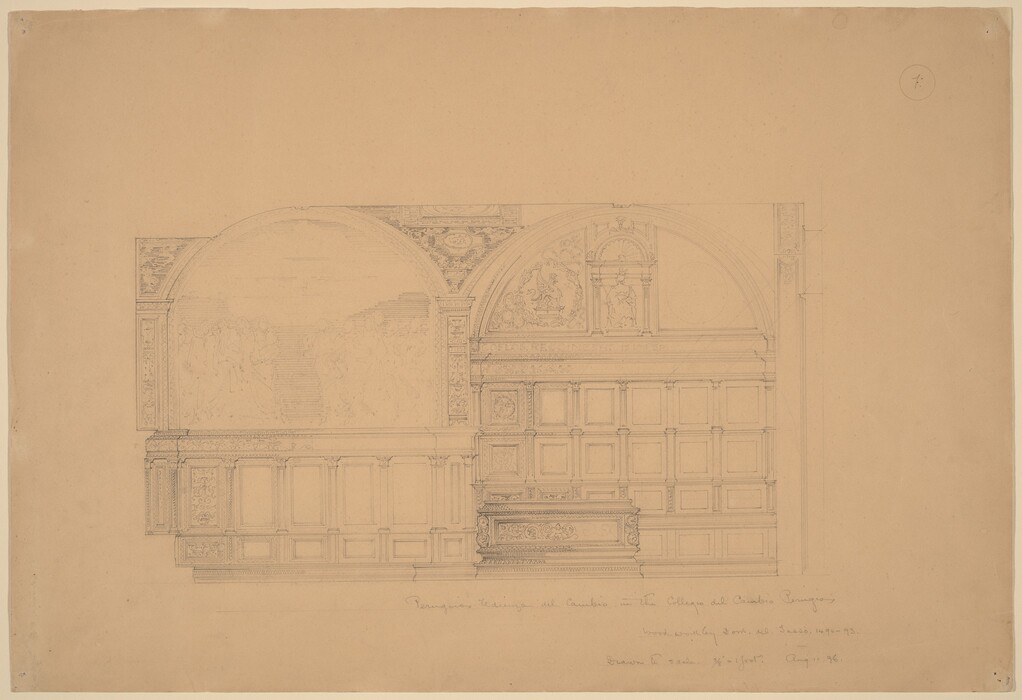 This is a detailed architectural drawing of an interior space. The drawing features ornate paneling, decorative reliefs, two large arched features with intricate designs, and detailed panels and molding. The background is aged and off-white.