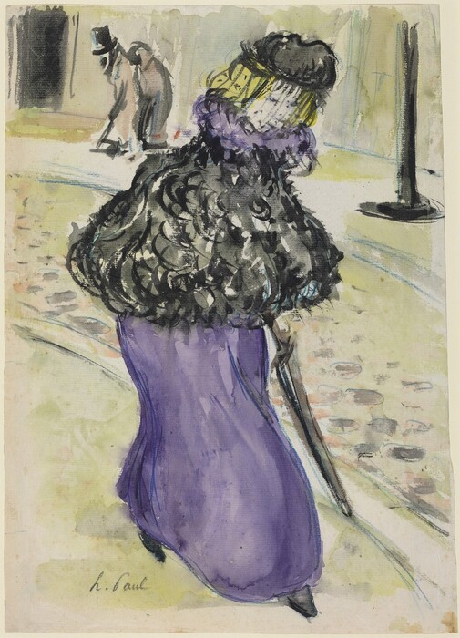 The image depicts a woman from the back, walking away from the viewer. She is holding an umbrella in her right hand and wearing a black hat, a fur-like textured coat in dark colors, a vivid purple garment underneath, black shoes, and blonde hair. The background shows a light surface transitioning from cobblestones to pavement, with a streetlamp or pole on the right and another figure in dark clothing and a top hat on the left.