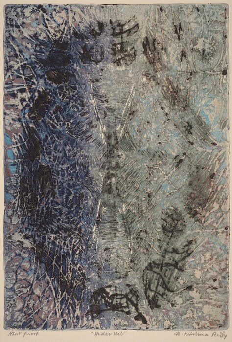 The image consists of radiating lines and curves in shades of blue and gray, creating a sense of depth and movement. This abstract piece resembles a spider's web with a network of lines interwoven. The textured surface and varied intensity of colors give the impression of woven threads, similar to natural patterns seen in frost or sediment layers.