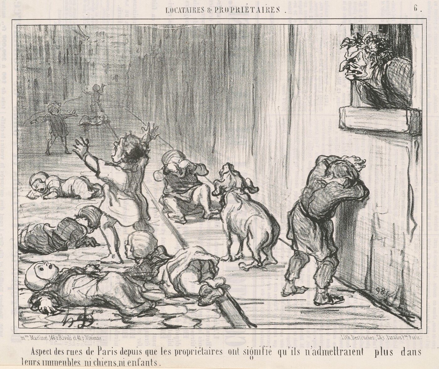This is a drawing of children and dogs playing in a city street observed by an elderly figure from a window. The image depicts a lively street scene with humorous elements. Several children and dogs are engaged in various playful activities. An elderly figure leans out of a window, seemingly watching the scene below. The style is characterized by fluid lines and exaggerated expressions, enhancing the humorous and satirical tone of the scene. The caption suggests a theme related to property owners in Paris and their stance on admitting dogs and children, adding a layer of social commentary to the drawing.