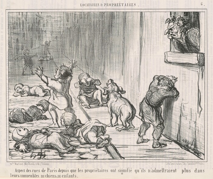 This is a drawing of children and dogs playing in a city street observed by an elderly figure from a window. The image depicts a lively street scene with humorous elements. Several children and dogs are engaged in various playful activities. An elderly figure leans out of a window, seemingly watching the scene below. The style is characterized by fluid lines and exaggerated expressions, enhancing the humorous and satirical tone of the scene. The caption suggests a theme related to property owners in Paris and their stance on admitting dogs and children, adding a layer of social commentary to the drawing.