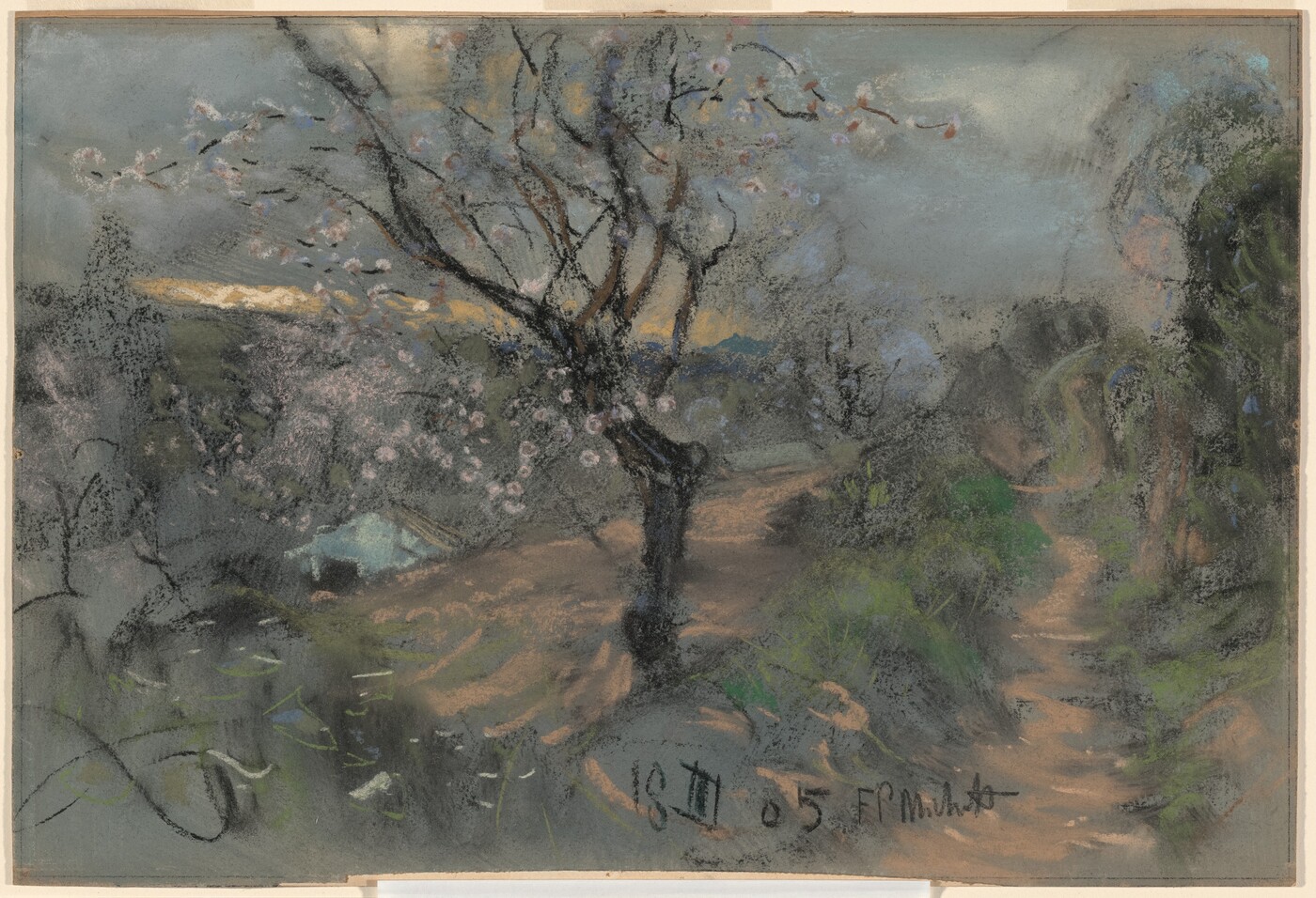 This image shows a landscape with a path, trees, foliage, a tree with pink blossoms, and a sky with warm yellow light. The painting has a variety of colors, textures, and brushstrokes that create a dynamic and impressionistic scene.