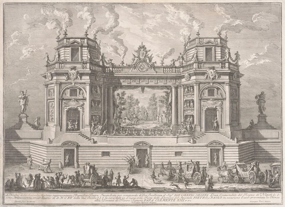This drawing depicts an elaborate architectural stage set. It illustrates a grand Baroque theater scene with intricate columns, statues, and decorative reliefs. The scene features an ornate façade framing a classical landscape in the background. Two turret-like structures with balconies and sculptures are shown emitting streams of smoke. Below, there are horse-drawn carriages and figures in various poses, creating a bustling and grandiose scene. The style reflects the opulence and theatricality typical of Baroque design.