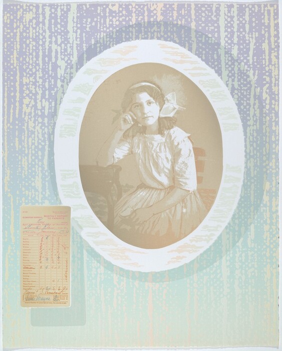 The image shows an oval-shaped portrait of a young girl depicted from the waist up. She is seated with her arm resting on a table and her head propped up by her hand. Her facial features are softly rendered, showing her looking directly ahead with wavy hair styled with a large bow tied at the side. She wears a light-colored dress with puffed sleeves. Surrounding the oval portrait is a patterned border with various pastel colors like purple, pink, and yellow. To the left of the portrait is a rectangular section that appears to contain a printed document resembling a report card with handwritten markings and text. The entire composition is set against a speckled background with a gradient of soft pastel hues.