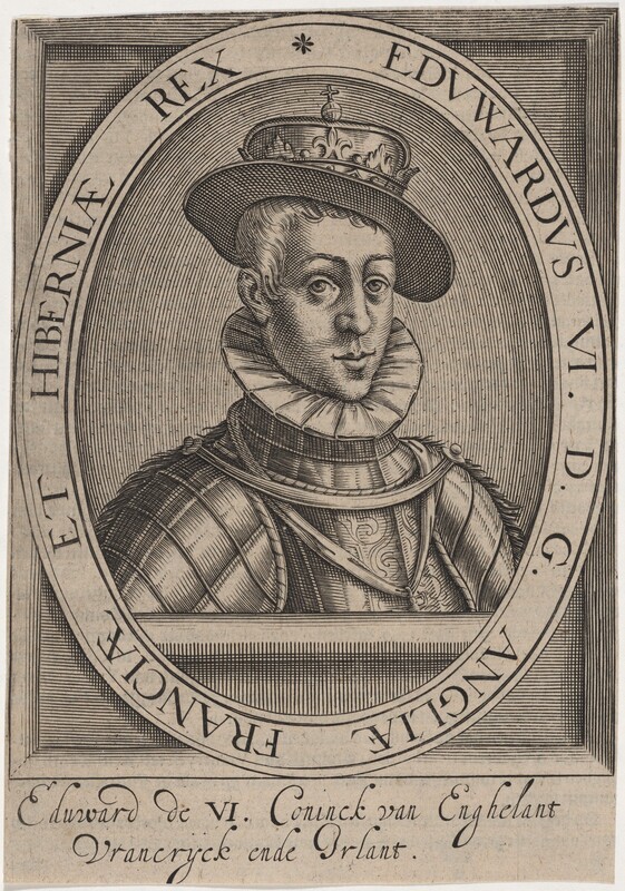 The image shows a person with a bust portrait, displaying the upper torso. The individual faces forward, with their head slightly turned to the side. The person has a smooth, youthful face, large eyes, and a slight smile. They have short, curly hair and wear a detailed outfit with a high ruffled collar and patterned fabric. A crown rests on their head, indicating high status. The background includes a circular frame with text surrounding the image.